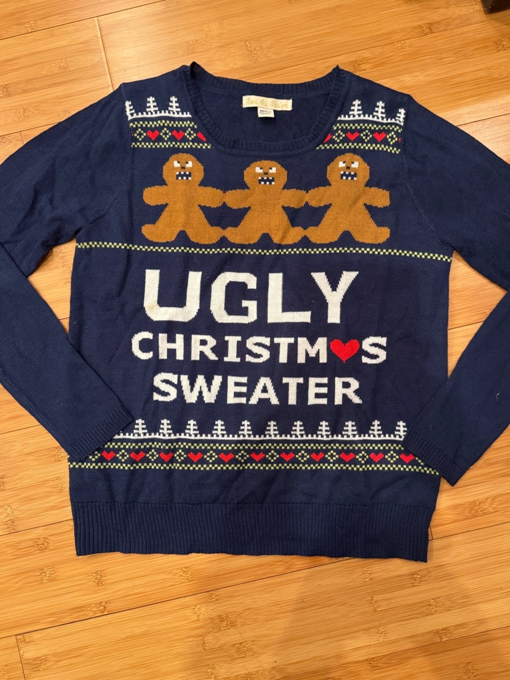 Women’s size M Navy Crewneck Christmas Sweater with Gingerbread Motif fine knit